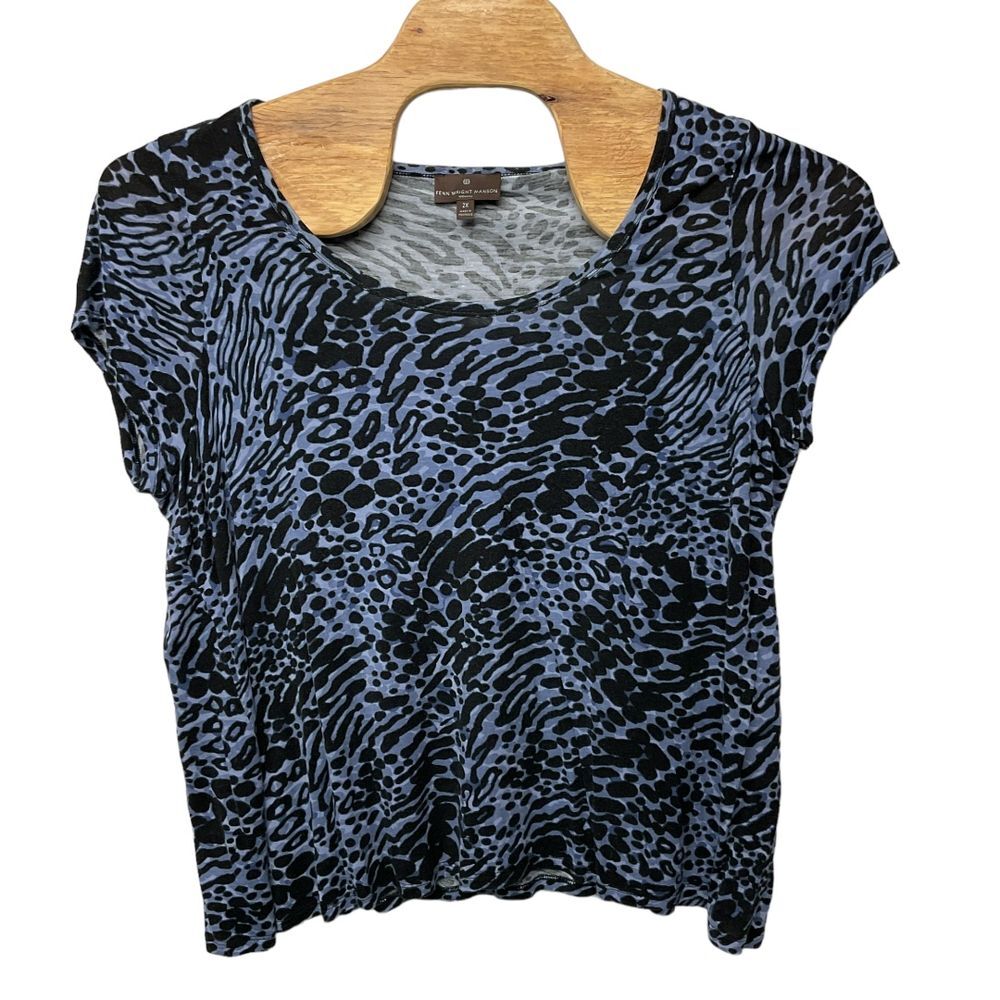 Fenn Wright Manson Womens Leopard Print Shortโ Sleeve T-Shirt Size 2X Blue Black